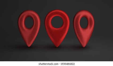 Red map pointer isolated on black background. Find address, location icon concept. GPS 3d Pointer on red podium in black interrior. Vector 3d illustration.