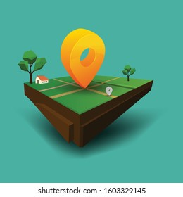 Red map pointer on the soil, with home and tree icon concept
