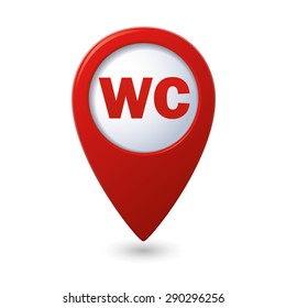 Red map pointer with restroom, WC icon.
