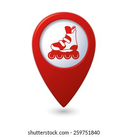Red map pointer with roller skate boot icon.