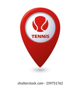 Red map pointer with tennis ball icon.