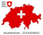 Red map of Switzerland on white background and coat of arms of Switzerland. Illustration made January 27th, 2022, Zurich, Switzerland.