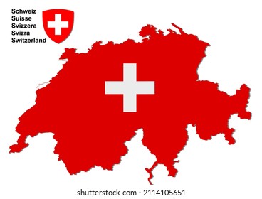 Mapa rojo de Suiza sobre fondo blanco y escudo de armas de Suiza. Ilustración hecha el 27 de enero de 2022, Zurich, Suiza.