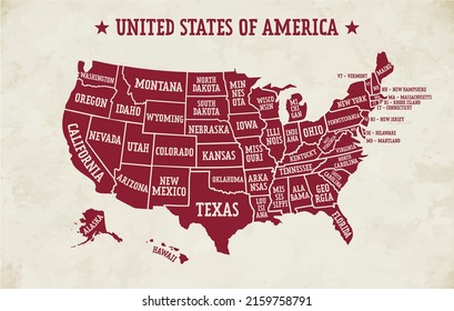 Red map of United States of America with borders of the states and names. EPS10 vector design.