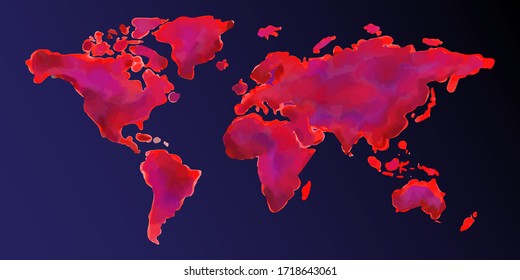 a red map of the world with the watercolor technique. Dark background