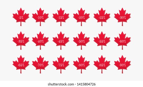 Red maple discount price tags set. Maple leaves with shadows, Canada day sale concept. Isolated retail sticker vector illustration.