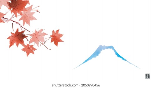 Red maple foliage and Fujiama mountain. Traditional Japanese ink wash painting sumi-e. Hieroglyph - eternity