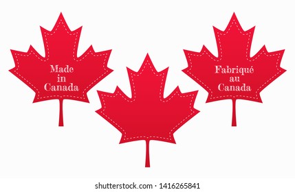 Red maple labels set with Made In Canada sign on English and Fabrique Au Canada on French language. Ready to print retail tags. Isolated vector illustration in flat style.