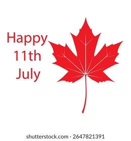 Red Maple Leaf com ‘Feliz 11 de julho’ Texto - Projeto de celebração personalizada para eventos pessoais, gráficos com tema canadense, ou conceitos de férias exclusivos