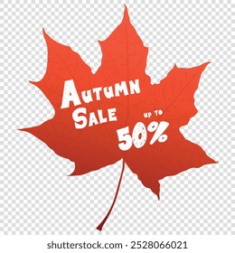 Hoja de arce rojo hasta el 50% para la venta de otoño con fondo transparente. Bueno para publicaciones de anuncios, publicaciones de Web, anuncios de venta, Anuncios, pegatinas