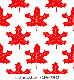 Red maple leaf, the emblem of Canada, vector seamless pattern in the style of doodles, hand drawn