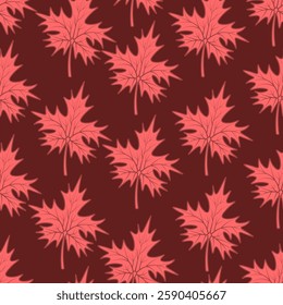 Red maple leaf. Endless vector pattern. Part of tree with veins. Isolated red background. Cartoon style. Seamless ornament of autumn leaves. The shape of the leaf is crown-shaped. Idea for web design.