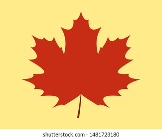 Red maple leaf flat vector icon isolated on yellow background.