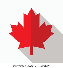 Red maple leaf isolated on white background with a long shadow