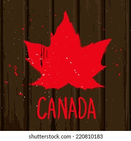 Red maple leaf on brown wood wall, vector grunge style illustration background