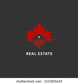 Red maple leaf  real estate logo isolated. House vector image