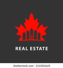 Red maple leaf  real estate logo isolated. House vector image