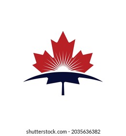 Red Maple Leaf and Sunshine Icon Vector Logo Template