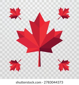 Red maple leaf vector set with large faceted leaf and smaller leaves, ideal for Canada Day designs, autumn graphics, patriotic posters, stickers, badges, and seasonal decorations.