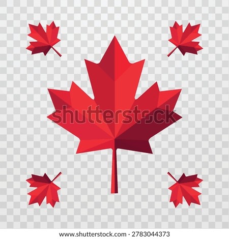 Red maple leaf vector set with large faceted leaf and smaller leaves, ideal for Canada Day designs, autumn graphics, patriotic posters, stickers, badges, and seasonal decorations.