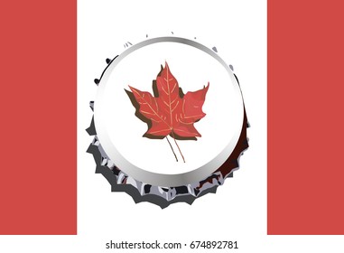 Red maple leave on bottle cup on Canada flag.