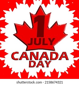 Red maple leaves are the hallmark of the Canadian flag surrounded by marple leaves as a frame with bold texts on white background, Canada Day July 1