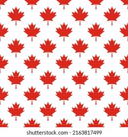 Red maple leaves on white background Canadian seamless pattern. Canada Day background. Vector template for Canadian holiday party invitation, greeting card, flyer, fabric, textile, etc.
