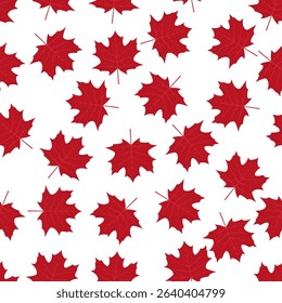 Red maple leaves on white background Canadian seamless pattern. Canada Day background. Vector template for Canadian holiday party invitation, greeting card, flyer, fabric, textile, etc