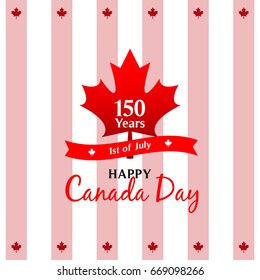 Red maple leaves on red and white stripe background, Canada 150 Years Anniversary, Happy Canada day vector illustration.