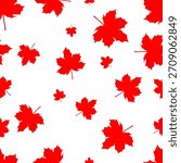 Red maple leaves seamless pattern on white background. Vector illustration for cards, banners, posters and decorative designs with repeating maple leaf elements.