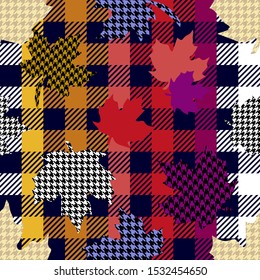 Red maple leaves. Seamless vector pattern with botanical motifs, checkered background and hounds tooth elements. Autumn textile collection.