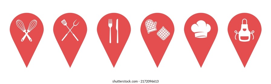 Red maps pins. Location map icon. Icons depicting kitchen appliances, an apron, a chef's hat, potholders, whisks, a spatula and a knife with a fork