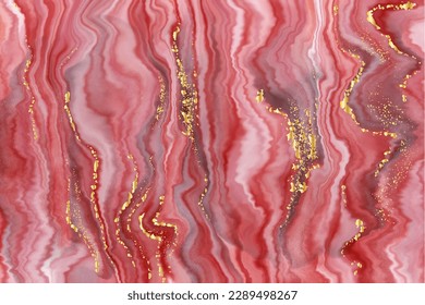 Red marble texture pattern background with gold lines. Golden abstract watercolor brush liquid alcohol ink illustration