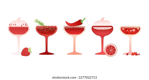 Equipo de cócteles de margarita roja. Bebida alcohólica para vacaciones y eventos. Ilustración plana de gradiente vectorial con textura. Bebidas rojas para el bar. Cosmopolita