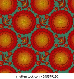 Red marigold flowers with leaves and berries on blue background, floral seamless pattern, vector design