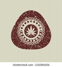 Red marijuana leaf icon inside distress grunge seal