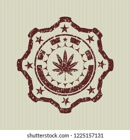 Red marijuana leaf, weed icon inside distressed rubber texture