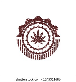 Red marijuana leaf, weed icon inside distressed rubber stamp with grunge texture