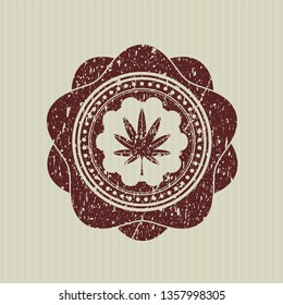 Red marijuana leaf, weed icon inside grunge stamp