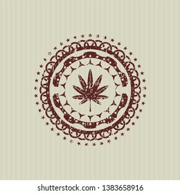 Red marijuana leaf, weed icon inside distress grunge stamp