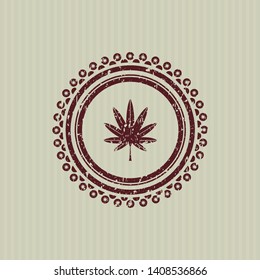 Red marijuana leaf, weed icon inside grunge seal