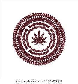 Red marijuana leaf, weed icon inside rubber texture