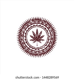 Red marijuana leaf, weed icon inside grunge seal
