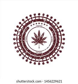 Red marijuana leaf, weed icon inside rubber seal with grunge texture