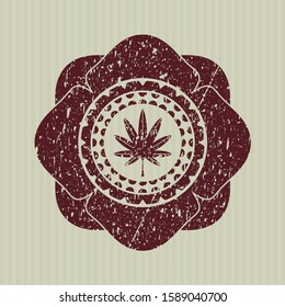 Red marijuana leaf, weed icon inside distress rubber grunge stamp