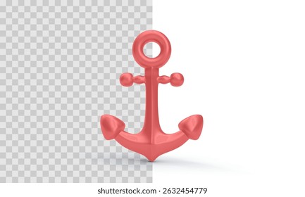 Red Marine Anchor with Rounded Edges in 3D Style. Nautical Symbol for Sea, Navigation and Sailing. Vector Illustration.