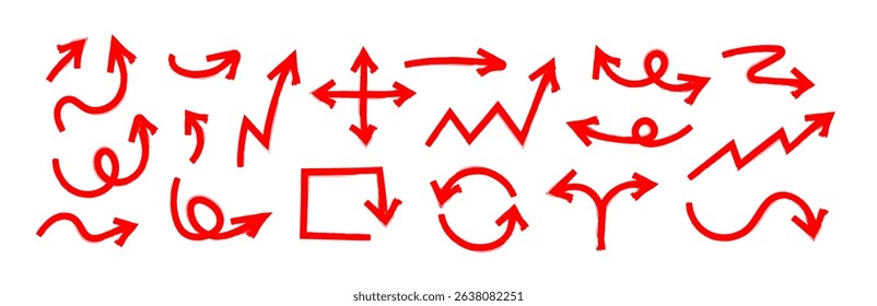 Red Marker Arrow doodle in Hand drawn style set, Sketch arrow brush drawn, decorative direction pointers element design vector collection
