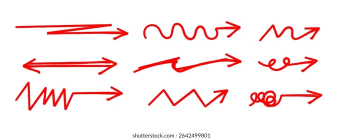 Red Marker Arrow doodle in Hand drawn style set, Sketch arrow brush drawn, decorative direction pointers element design vector collection