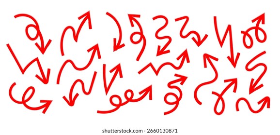 Garabato rojo de la flecha del marcador en el sistema dibujado a mano del estilo, bosqueja el pincel de la flecha dibujado, colección decorativa del Vector del diseño del elemento de los punteros de la dirección