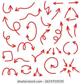 Flechas de marcador rojo colección curvada a mano dibujada dirección Elementos sobre fondo blanco, ilustración plana
